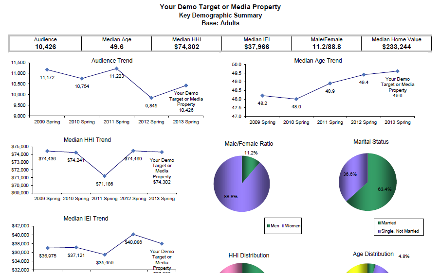 Key demographic summary with audience, median age, median household income, gender ratio, and trends