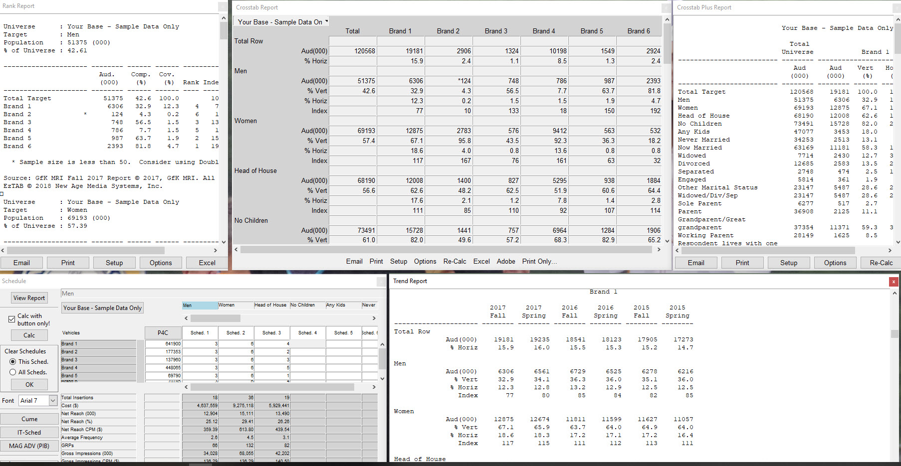 EzTAB rank, crosstab, crosstab plus, scheduler, and trend report windows